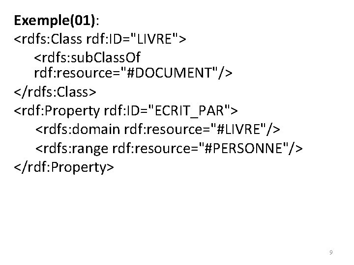 Exemple(01): <rdfs: Class rdf: ID="LIVRE"> <rdfs: sub. Class. Of rdf: resource="#DOCUMENT"/> </rdfs: Class> <rdf: