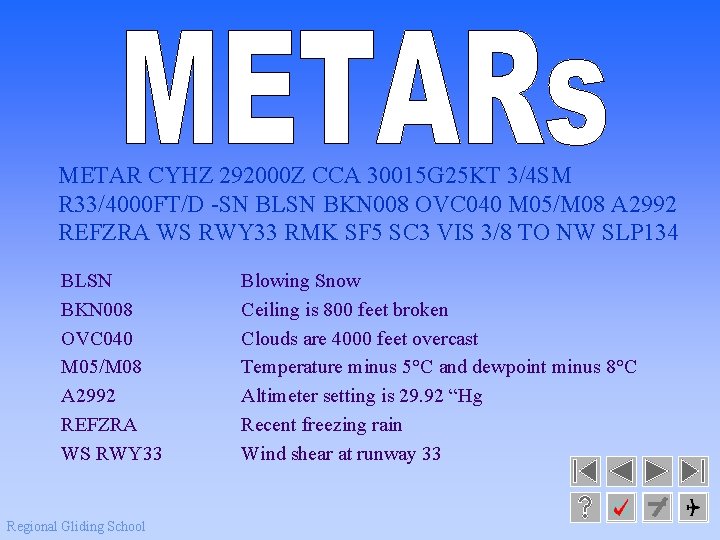 METAR CYHZ 292000 Z CCA 30015 G 25 KT 3/4 SM R 33/4000 FT/D