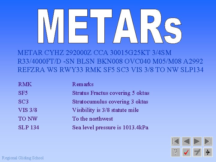 METAR CYHZ 292000 Z CCA 30015 G 25 KT 3/4 SM R 33/4000 FT/D