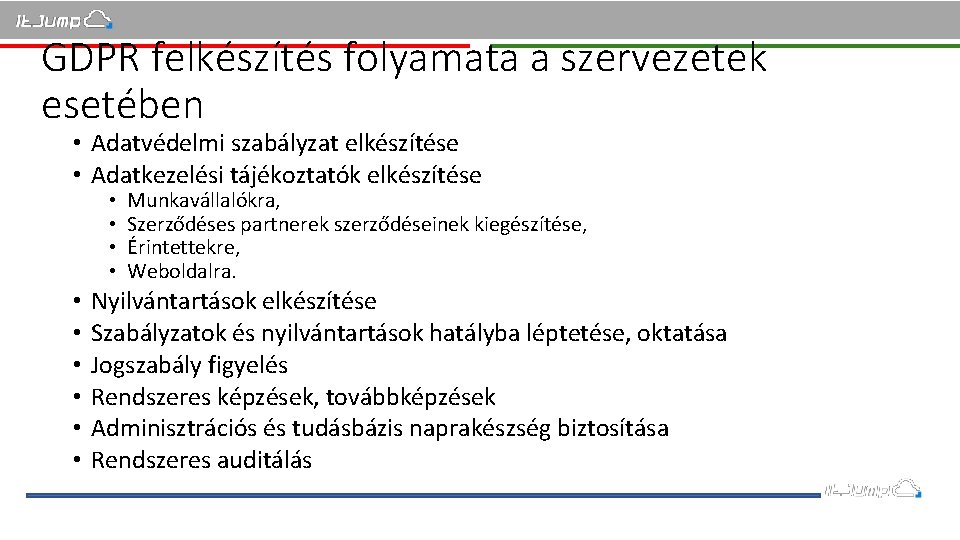 GDPR felkészítés folyamata a szervezetek esetében • Adatvédelmi szabályzat elkészítése • Adatkezelési tájékoztatók elkészítése