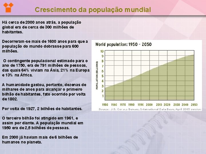 Crescimento da população mundial Há cerca de 2000 anos atrás, a população global era