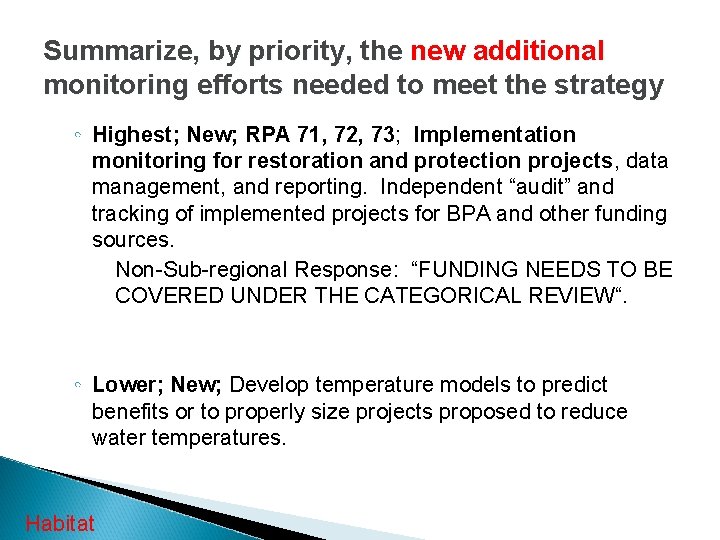 Summarize, by priority, the new additional monitoring efforts needed to meet the strategy ◦