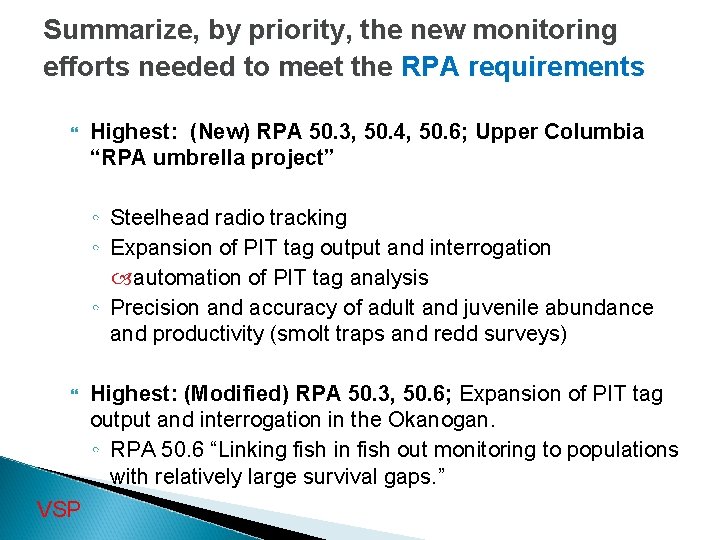 Summarize, by priority, the new monitoring efforts needed to meet the RPA requirements Highest: