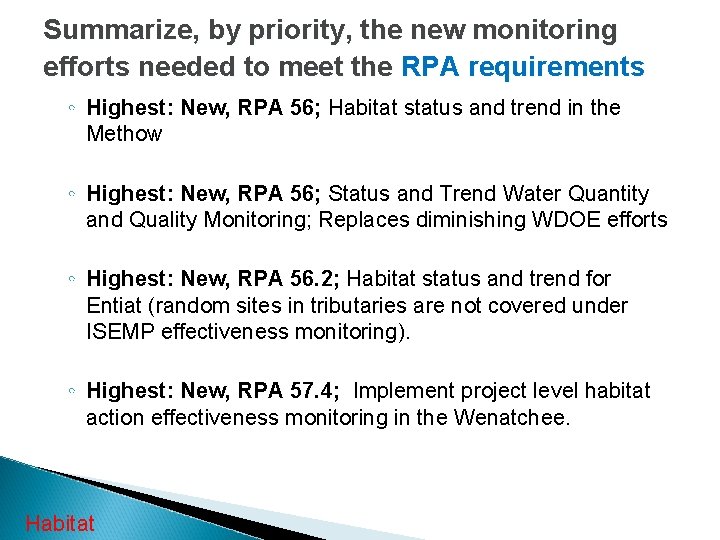 Summarize, by priority, the new monitoring efforts needed to meet the RPA requirements ◦