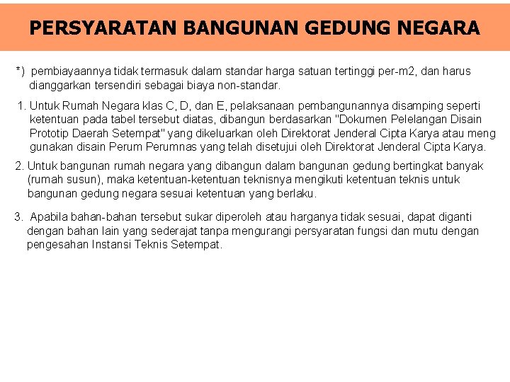 PERSYARATAN BANGUNAN GEDUNG NEGARA *) pembiayaannya tidak termasuk dalam standar harga satuan tertinggi per-m