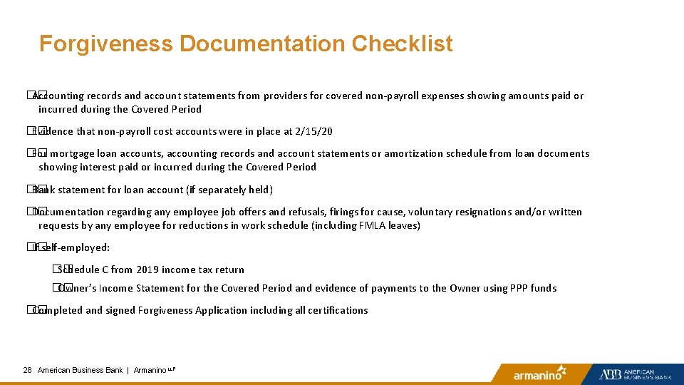 Forgiveness Documentation Checklist �� Accounting records and account statements from providers for covered non-payroll