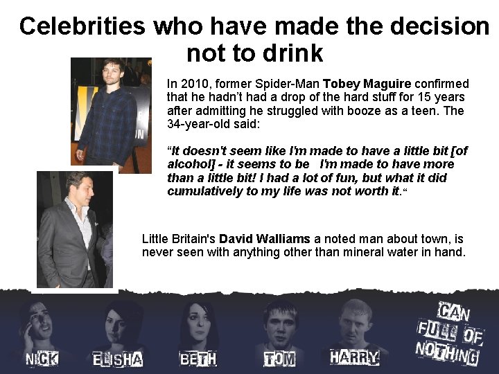 Celebrities who have made the decision not to drink In 2010, former Spider-Man Tobey