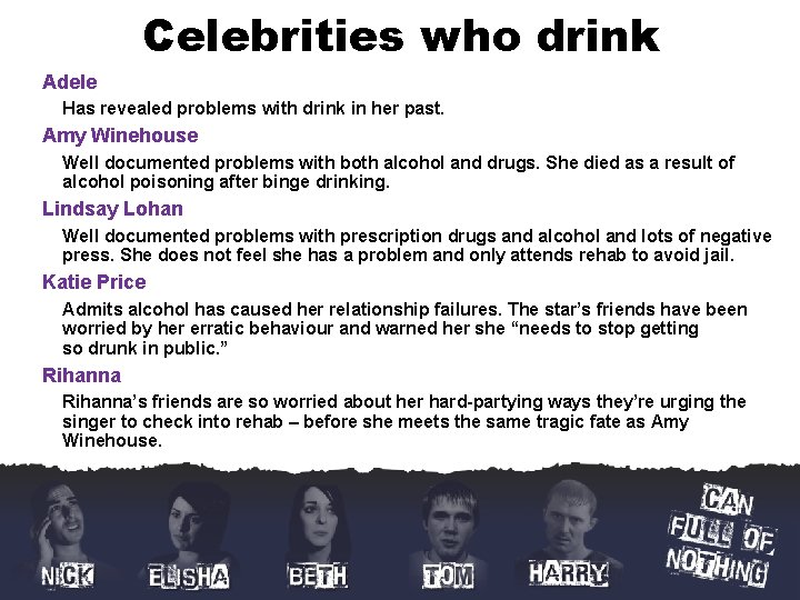 Celebrities who drink Adele Has revealed problems with drink in her past. Amy Winehouse