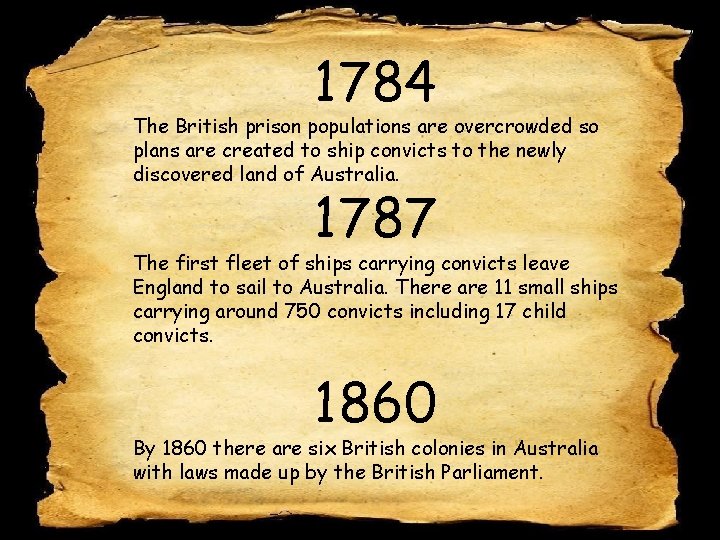 1784 The British prison populations are overcrowded so plans are created to ship convicts