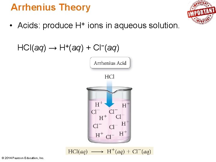 Arrhenius Theory • Acids: produce H+ ions in aqueous solution. HCl(aq) → H+(aq) +