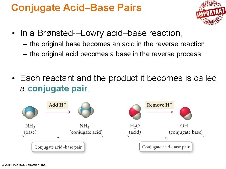 Conjugate Acid–Base Pairs • In a Brønsted-–Lowry acid–base reaction, – the original base becomes