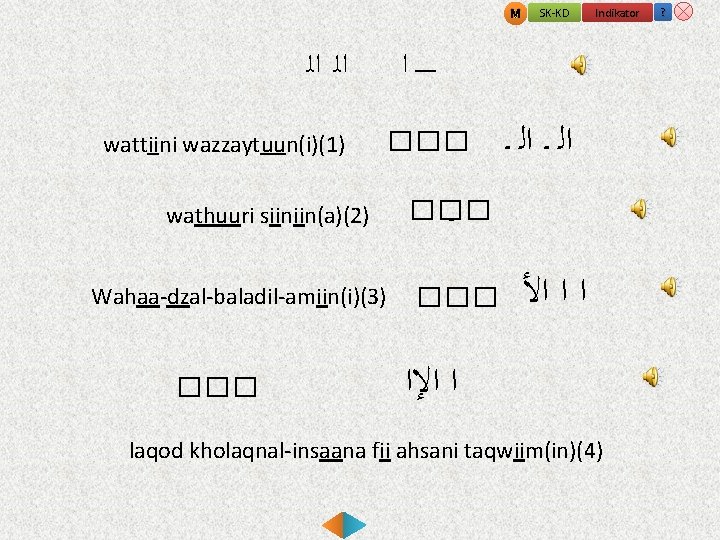 M ﺍﻟ ﺍﻟ wattiini wazzaytuun(i)(1) Indikator ــــــ ﺍ ��� wathuuri siiniin(a)(2) Wahaa-dzal-baladil-amiin(i)(3) ��� SK-KD