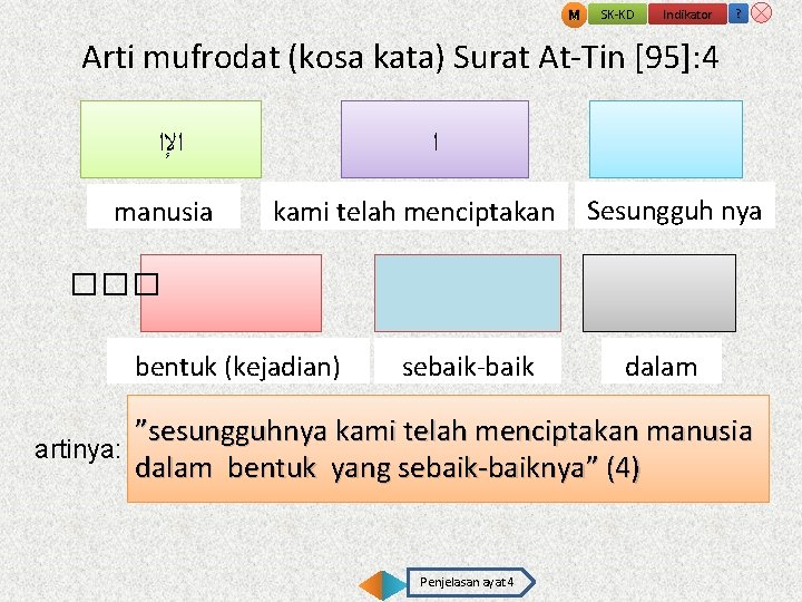 M SK-KD Indikator ? Arti mufrodat (kosa kata) Surat At-Tin [95]: 4 ﺍﻹﺍ manusia