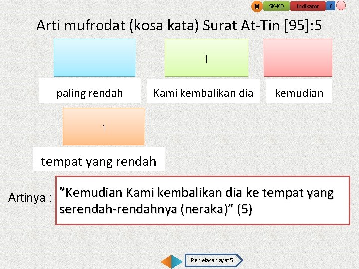 M SK-KD Indikator ? Arti mufrodat (kosa kata) Surat At-Tin [95]: 5 ﺍ paling