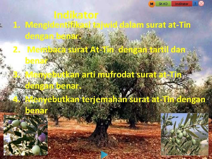 M Indikator SK-KD Indikator ? 1. Mengidentifikasi tajwid dalam surat at-Tin dengan benar. 2.