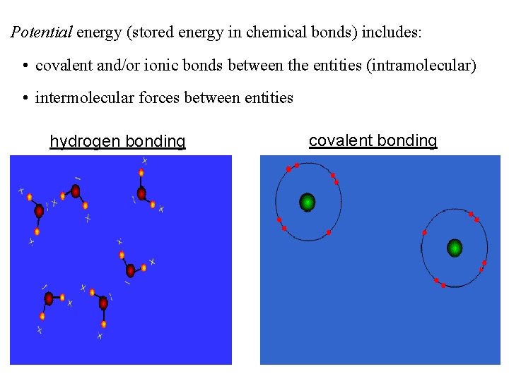 Potential energy (stored energy in chemical bonds) includes: • covalent and/or ionic bonds between