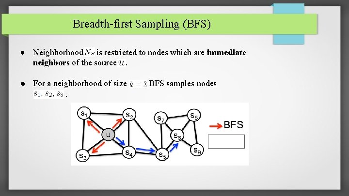 Breadth-first Sampling (BFS) ● Neighborhood is restricted to nodes which are immediate neighbors of