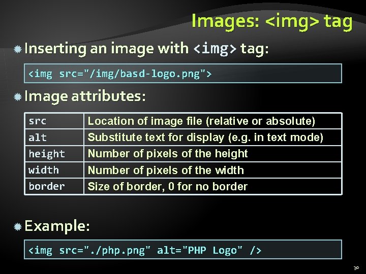 Images: <img> tag Inserting an image with <img> tag: <img src="/img/basd-logo. png"> Image attributes: