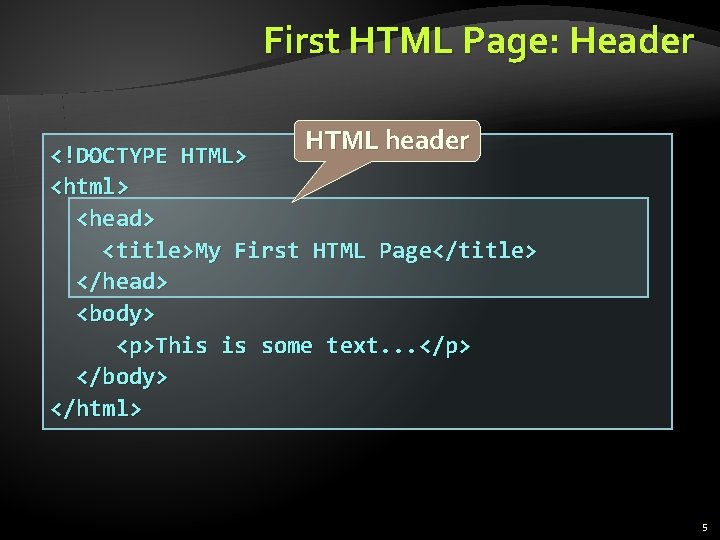 First HTML Page: Header HTML header <!DOCTYPE HTML> <html> <head> <title>My First HTML Page</title>