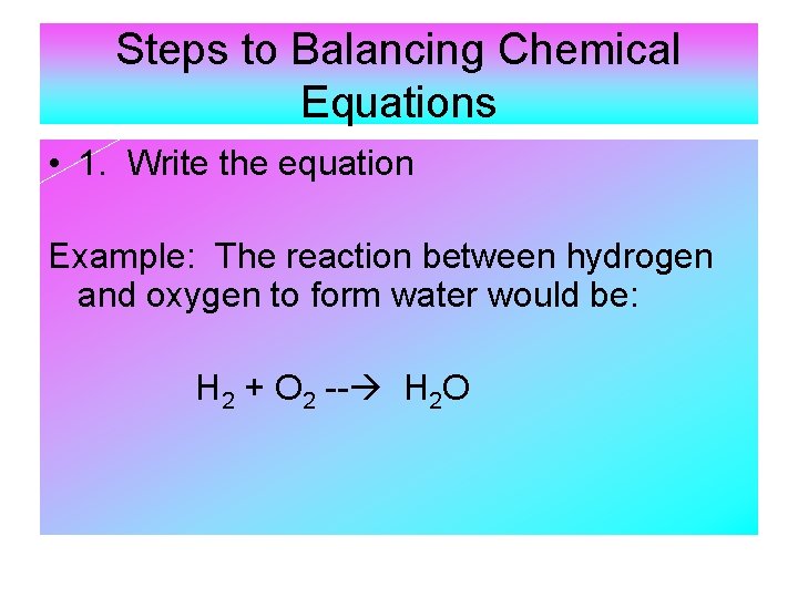 Steps to Balancing Chemical Equations • 1. Write the equation Example: The reaction between