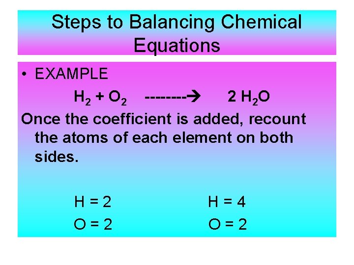 Steps to Balancing Chemical Equations • EXAMPLE H 2 + O 2 ---- 2