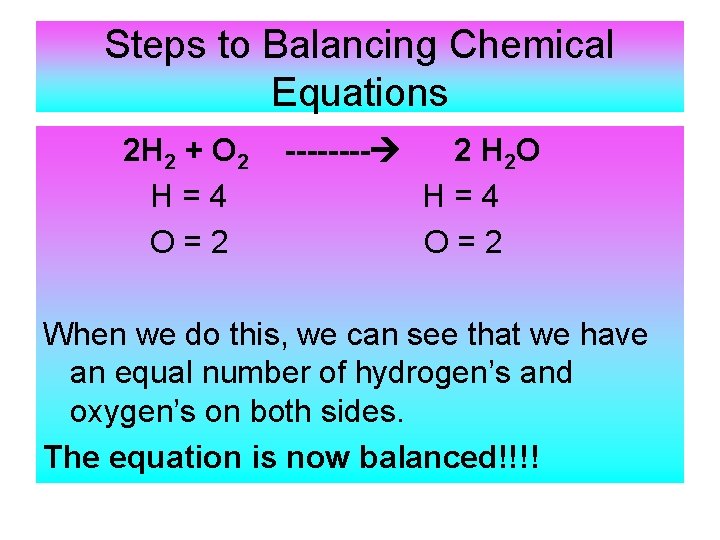 Steps to Balancing Chemical Equations 2 H 2 + O 2 H=4 O=2 ----