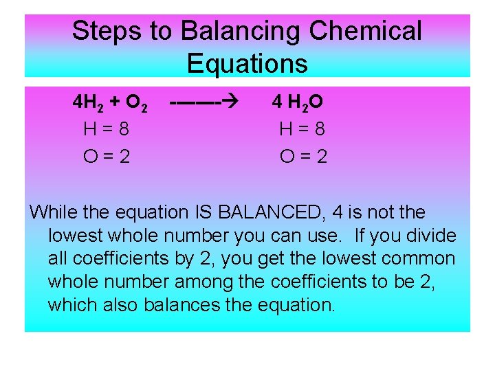Steps to Balancing Chemical Equations 4 H 2 + O 2 H=8 O=2 ----