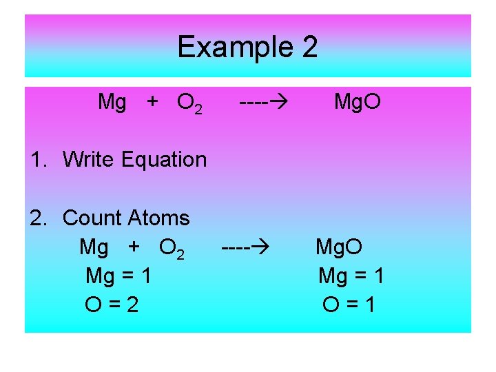 Example 2 Mg + O 2 ---- Mg. O 1. Write Equation 2. Count