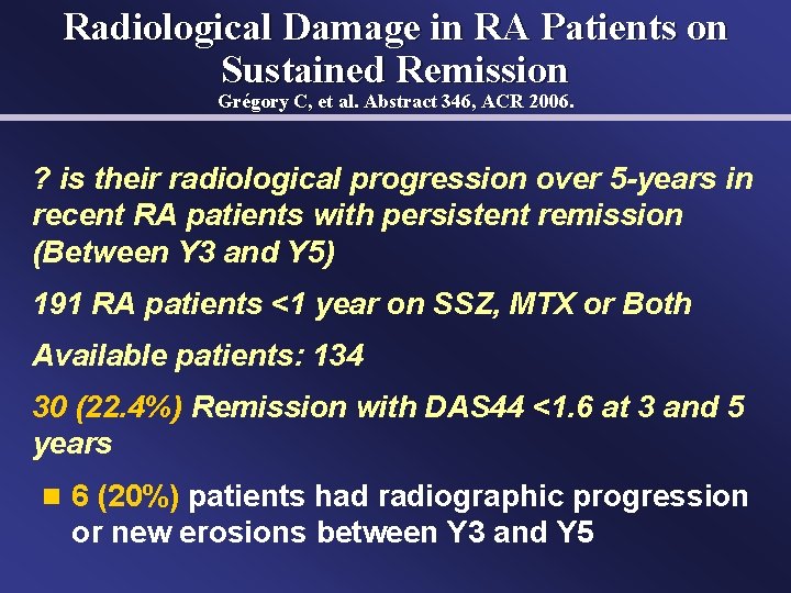 Radiological Damage in RA Patients on Sustained Remission Grégory C, et al. Abstract 346,