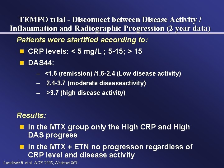 TEMPO trial - Disconnect between Disease Activity / Inflammation and Radiographic Progression (2 year