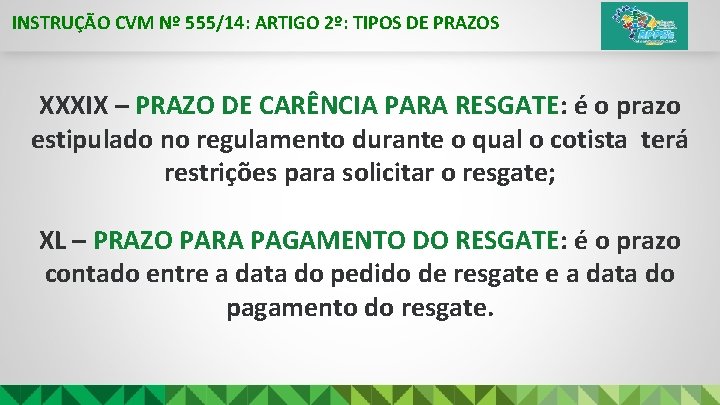 INSTRUÇÃO CVM Nº 555/14: ARTIGO 2º: TIPOS DE PRAZOS XXXIX – PRAZO DE CARÊNCIA