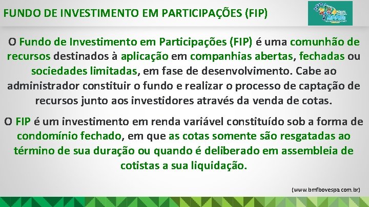 FUNDO DE INVESTIMENTO EM PARTICIPAÇÕES (FIP) O Fundo de Investimento em Participações (FIP) é