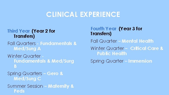 CLINICAL EXPERIENCE Third Year (Year 2 for Transfers) Fall Quarters - Fundamentals & Med/Surg