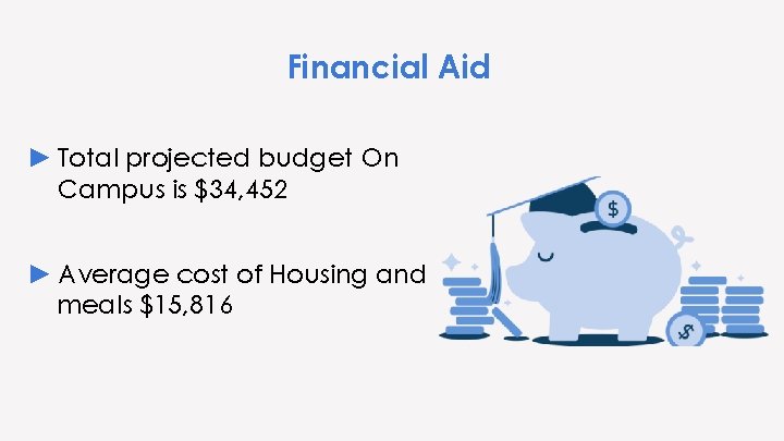 Financial Aid ► Total projected budget On Campus is $34, 452 ► Average cost