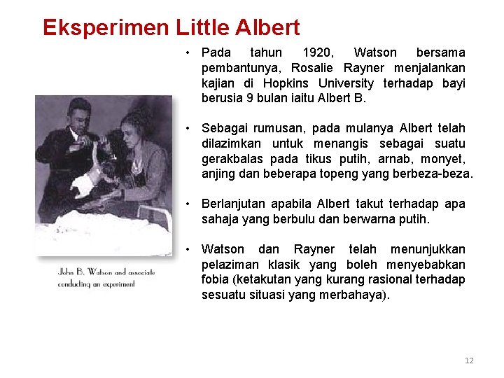Eksperimen Little Albert • Pada tahun 1920, Watson bersama pembantunya, Rosalie Rayner menjalankan kajian