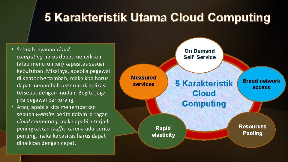 5 Karakteristik Utama Cloud Computing • Sebuah layanan cloud computing harus dapat menaikkan (atau