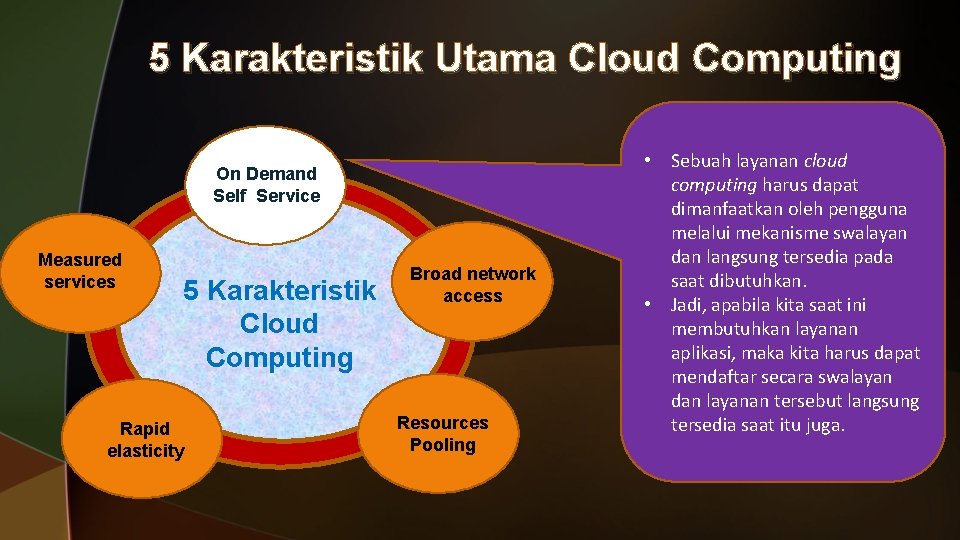 5 Karakteristik Utama Cloud Computing On Demand Self Service Measured services 5 Karakteristik Cloud 5 Karakteristik Utama Cloud Computing On Demand Self Service Measured services 5 Karakteristik Cloud