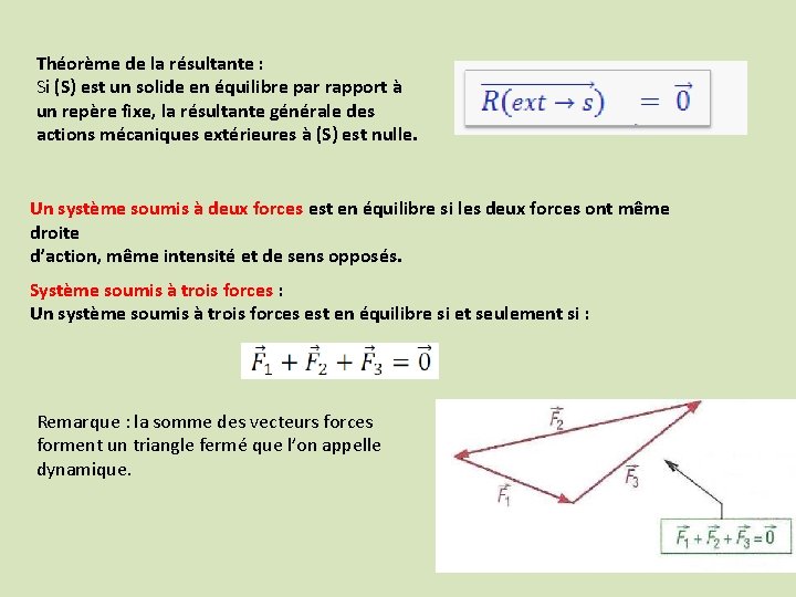 Théorème de la résultante : Si (S) est un solide en équilibre par rapport