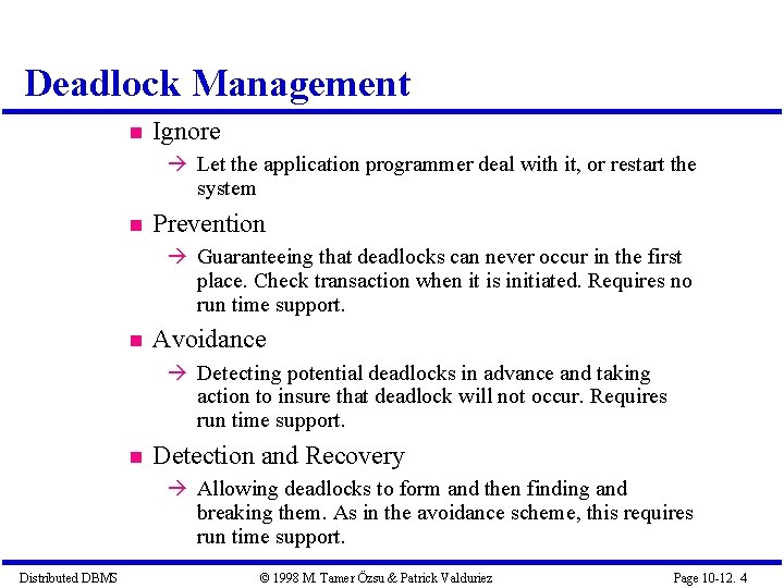 Deadlock Management Ignore Let the application programmer deal with it, or restart the system