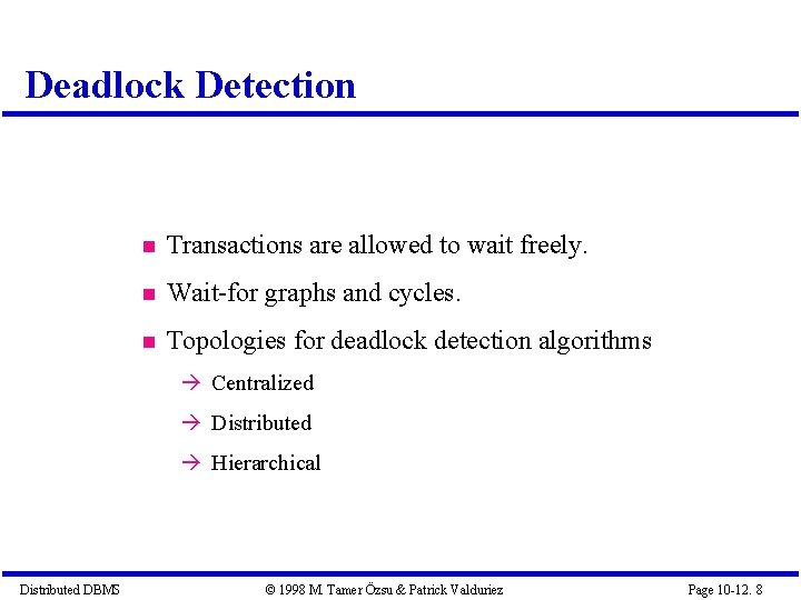Deadlock Detection Transactions are allowed to wait freely. Wait-for graphs and cycles. Topologies for