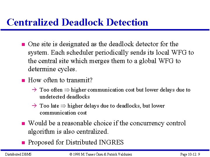 Centralized Deadlock Detection One site is designated as the deadlock detector for the system.