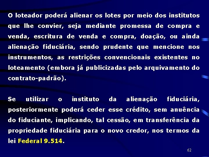 O loteador poderá alienar os lotes por meio dos institutos que lhe convier, seja