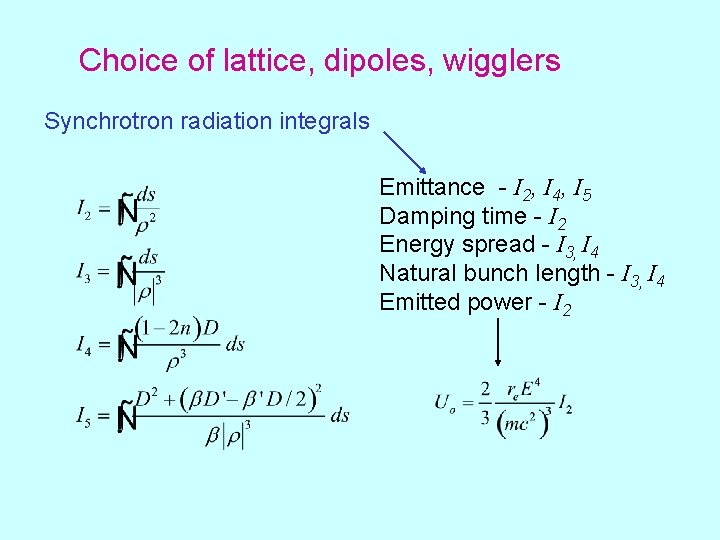 Choice of lattice, dipoles, wigglers Synchrotron radiation integrals Emittance - I 2, I 4,