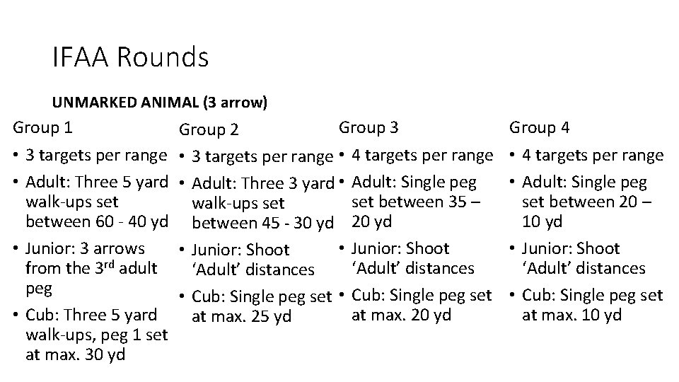 IFAA Rounds UNMARKED ANIMAL (3 arrow) Group 1 • 3 targets per range •