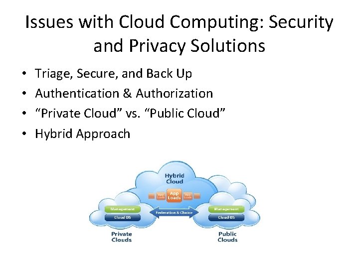 Issues with Cloud Computing: Security and Privacy Solutions • • Triage, Secure, and Back