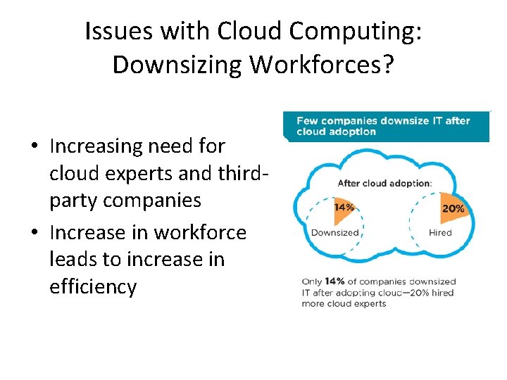 Issues with Cloud Computing: Downsizing Workforces? • Increasing need for cloud experts and thirdparty