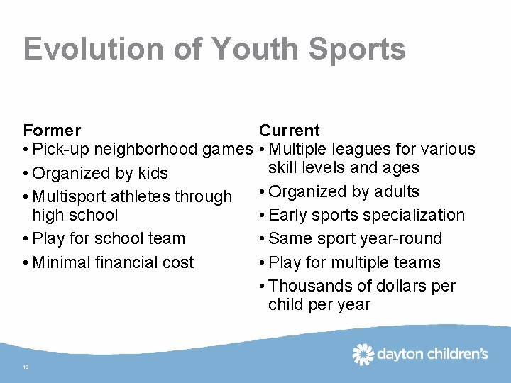Evolution of Youth Sports Former • Pick-up neighborhood games • Organized by kids •