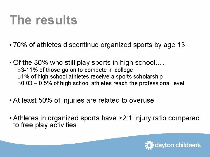 The results • 70% of athletes discontinue organized sports by age 13 • Of