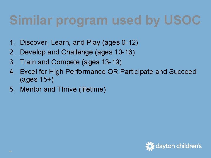 Similar program used by USOC 1. 2. 3. 4. Discover, Learn, and Play (ages