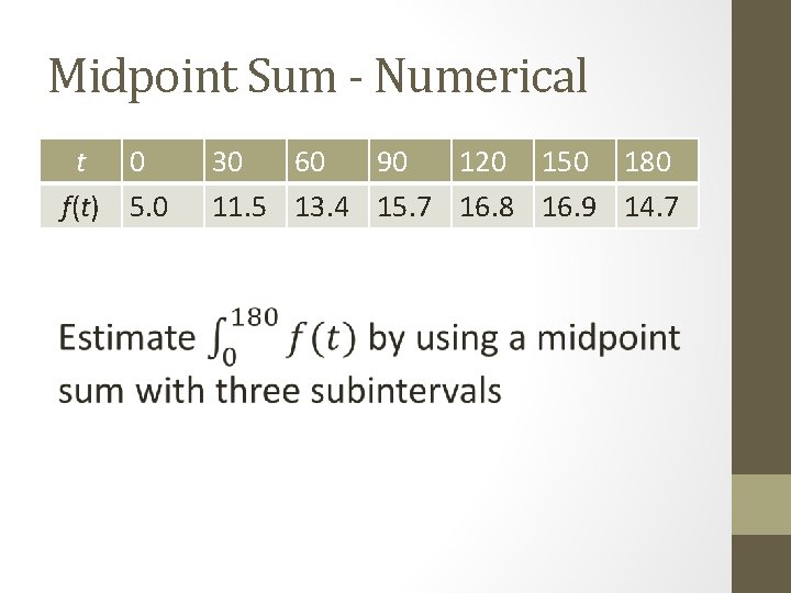 Midpoint Sum - Numerical t 0 f(t) 5. 0 30 60 90 120 150